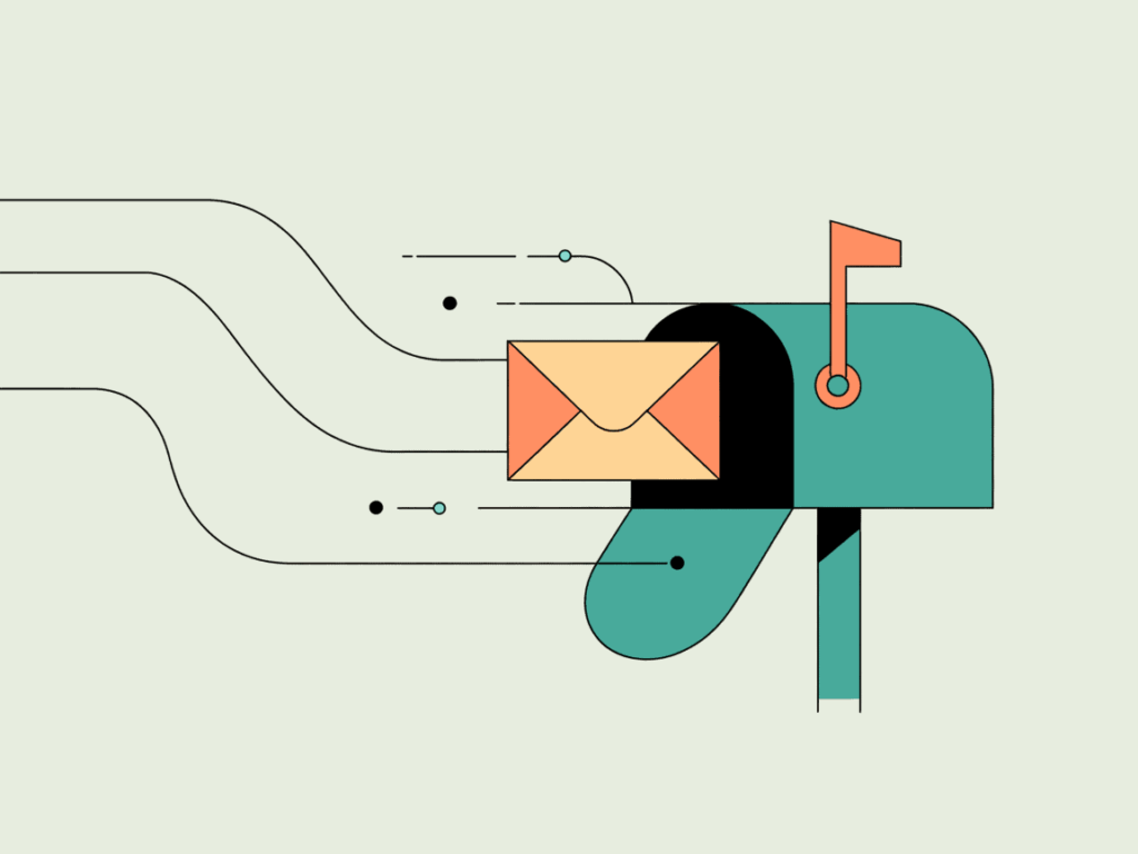 Minimalist graphic of a teal mailbox with a peach envelope and stylized digital lines, symbolizing automated income and email-based earnings.