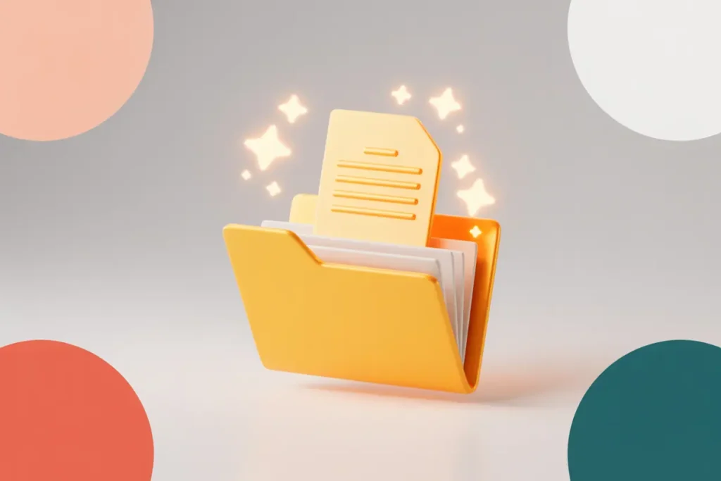 Bright yellow folder with glowing documents inside and star-shaped sparkles floating around it against a soft gray background with circular accents.