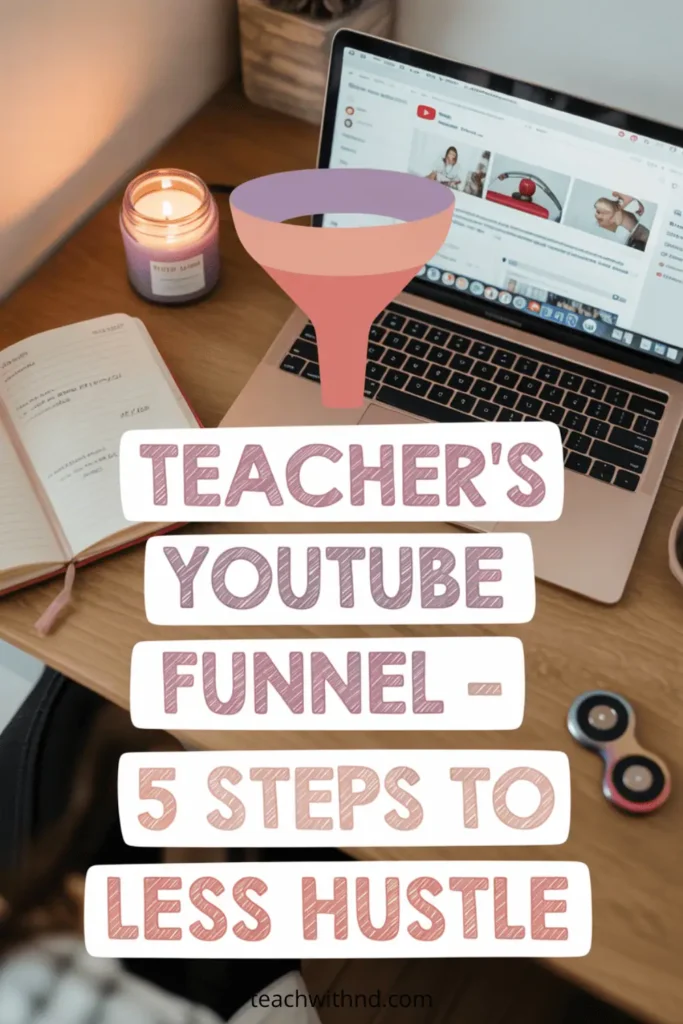  A pastel-themed teacher desk with a candle, laptop, and funnel icon; bold text says "Teacher's YouTube Funnel – 5 Steps to Less Hustle."
