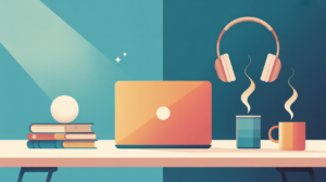 Abstract featured image of desk with laptop, coffee, books, and headphones, for quiet, remote-friendly teacher side hustles — teal and peach accents.
