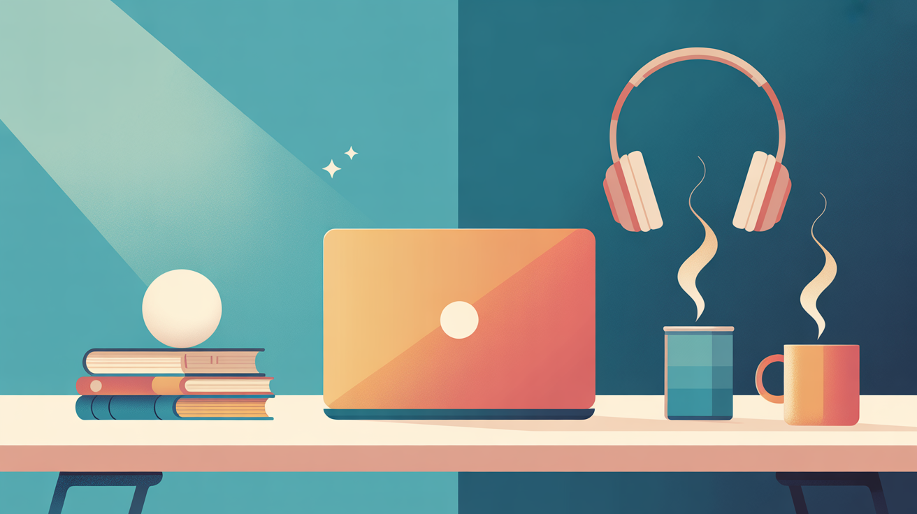 Abstract featured image of desk with laptop, coffee, books, and headphones, for quiet, remote-friendly teacher side hustles — teal and peach accents.