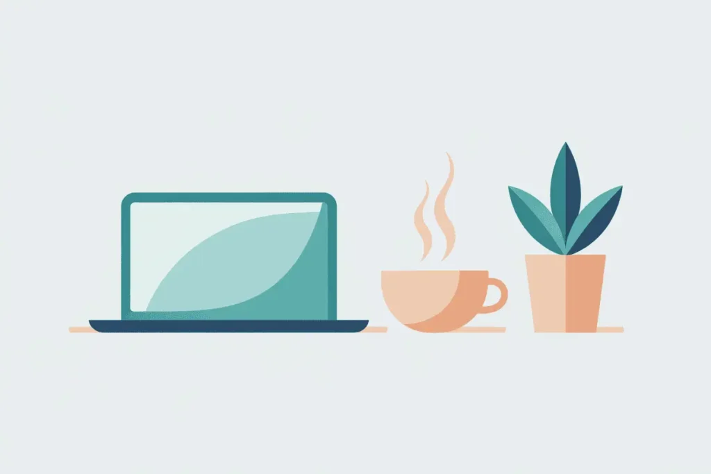 Why Teachers Need Side Hustles 6 Clean illustration of tea, plant, and laptop — peaceful side hustle space reflecting work-life balance.