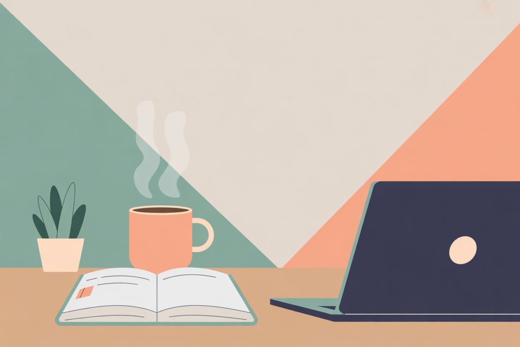 Open notebook and laptop on a desk with a warm drink, suggesting quiet independent work time.