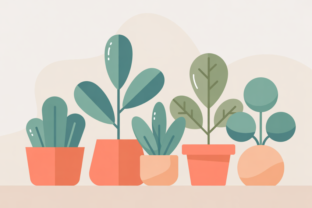 Several potted plants arranged on a light desk in soft neutral tones.