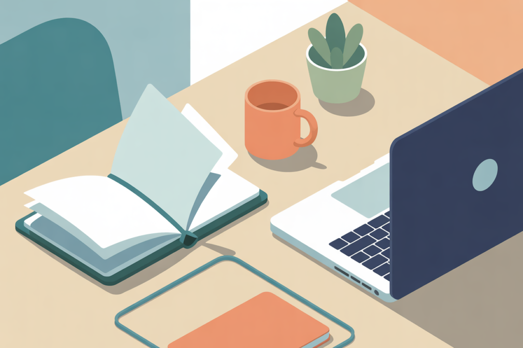 Minimal desk setup with planner, coffee mug, plant, and closed laptop in soft muted colors.