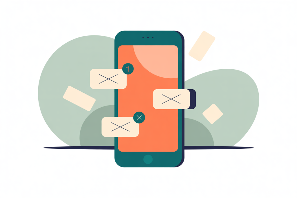 Smartphone with muted message icons and minimal notification symbols.