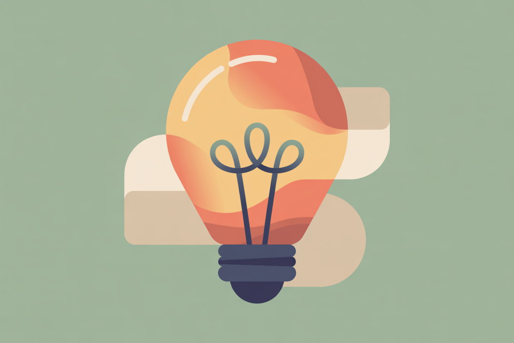 Stylized lightbulb with warm coral and sage abstract shapes behind it.