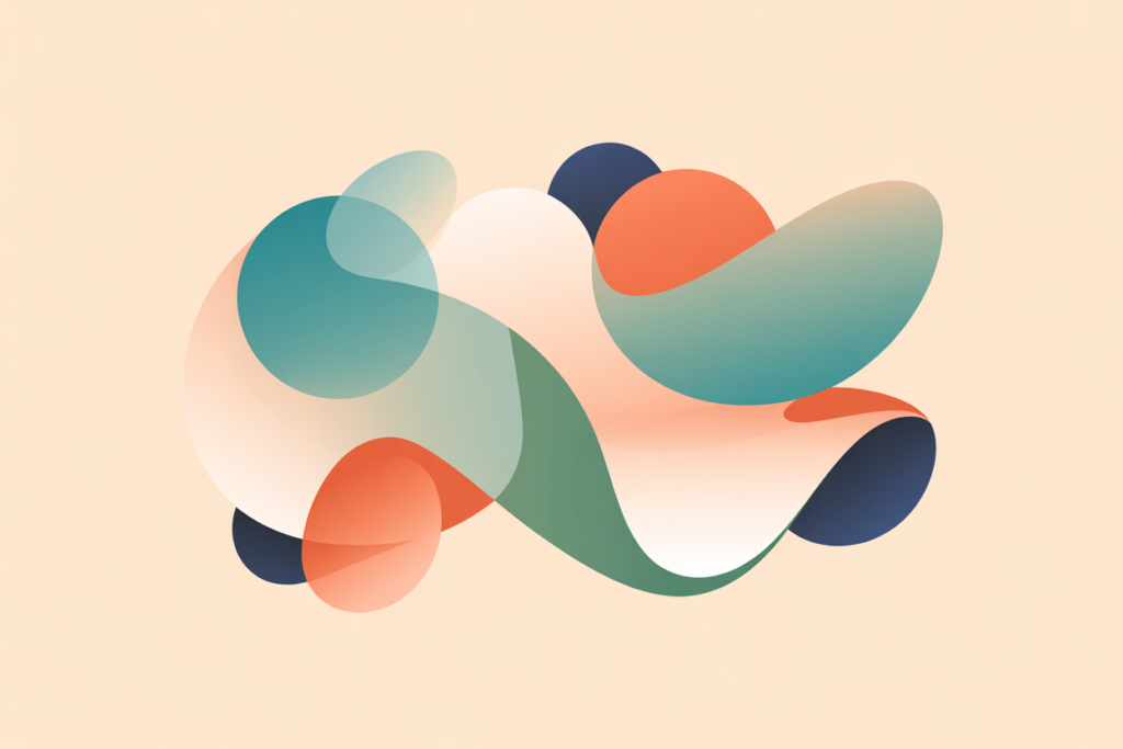 Abstract flowing shapes in teal, coral, and sage on a beige background.