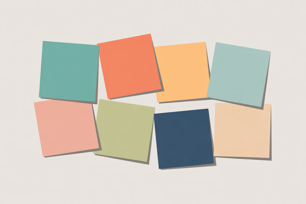 Stack of colorful sticky notes arranged in a tidy grid.