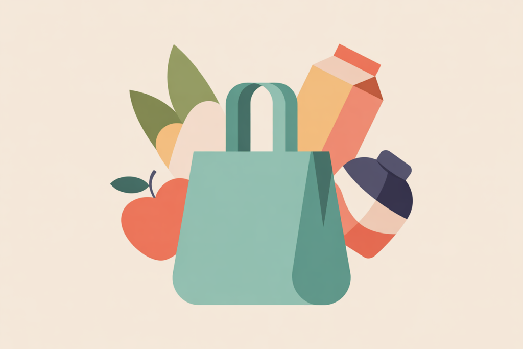 Reusable shopping bag filled with groceries and household items.