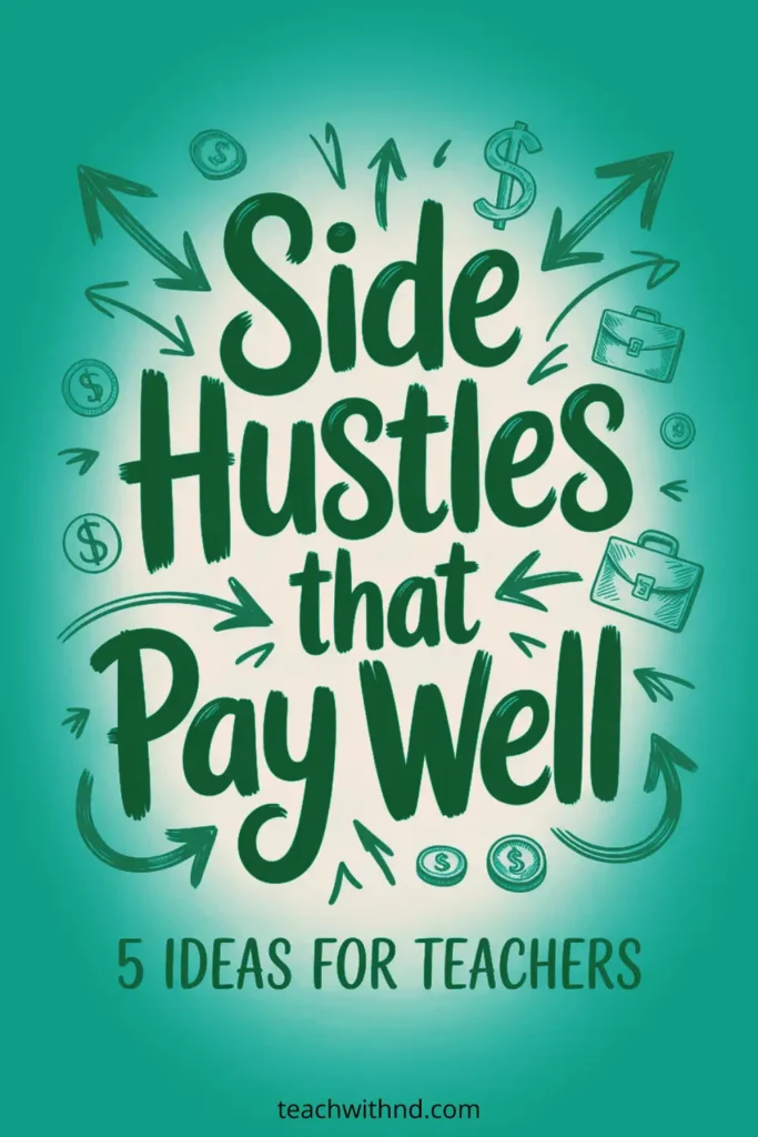 Green Pinterest pin with bold decorative lettering that says “Side Hustles that Pay Well – 5 Ideas for Teachers” with subtle classroom-themed accents.
