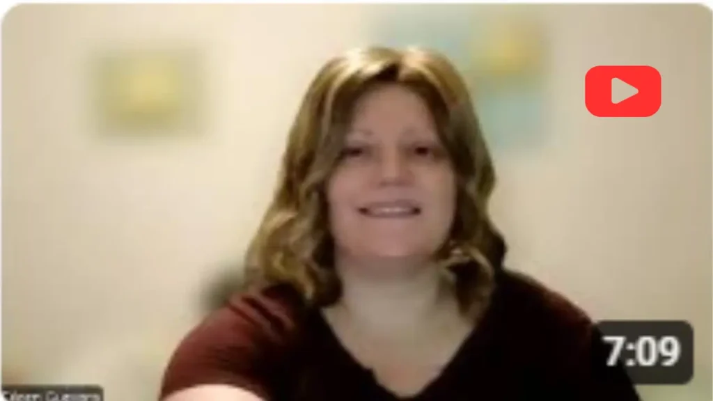 Eileen Guevara speaks on the topic of how much money can teachers make from side hustles. Woman in red shirt smiles at camera. Red YouTube play icon suggests it is a video.