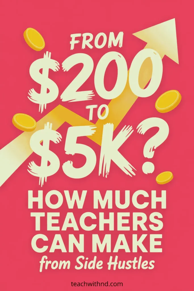 Bright Pinterest pin reading “From $200 to $5K? How Much Teachers Can Make from Side Hustles” with coins and upward arrow illustration.