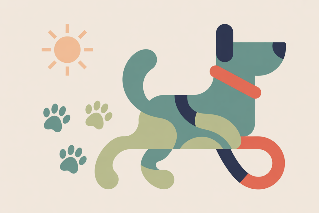 Abstract illustration of a dog wearing a leash, sunshine above, paw prints floating behind, suggesting pet sitting as a low stress side hustle for teachers. 