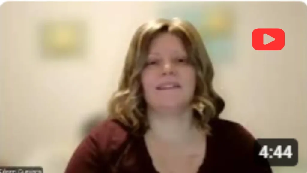 Eileen Guevara speaks about low stress side hustles for teachers. Woman in red shirt smiles at camera. Red YouTube play icon suggests it is a video.