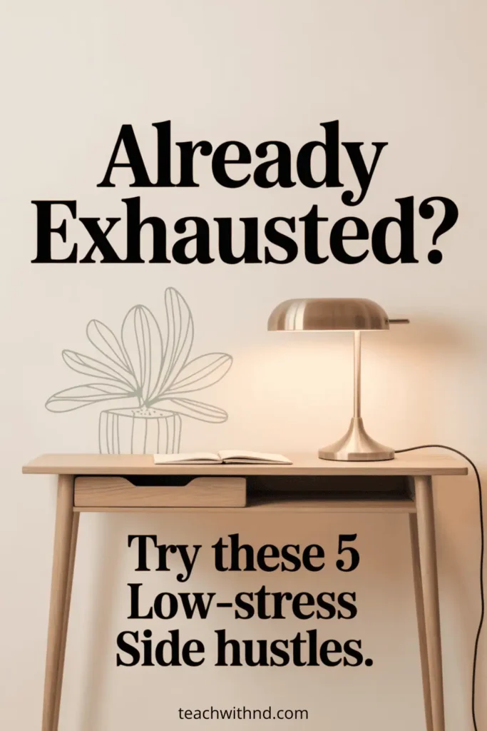 Neutral-toned Pinterest pin reading “Already Exhausted? Try these 5 Low-Stress Side Hustles” with desk lamp and plant illustration.