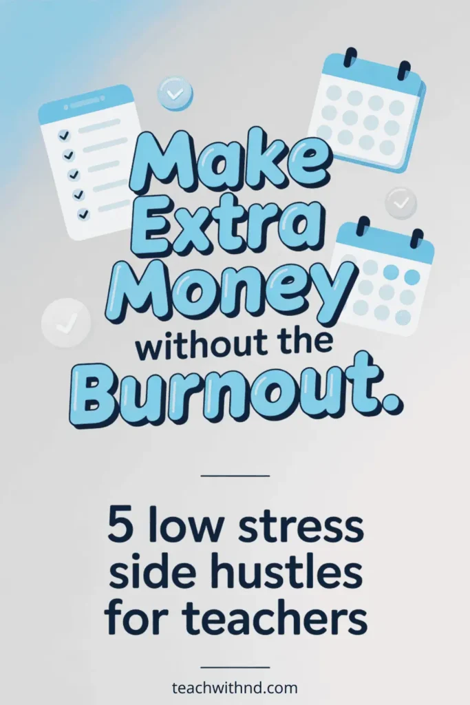 Pinterest pin reading “Make Extra Money Without the Burnout” with subtitle “5 low stress side hustles for teachers,” featuring soft blue tones and calendar illustrations.