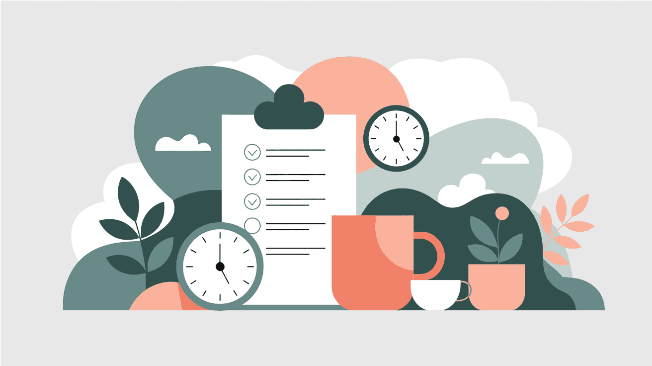 “Minimalist illustration of checklist, clocks, coffee mugs, and plants symbolizing calm and low-stress side hustle planning.”