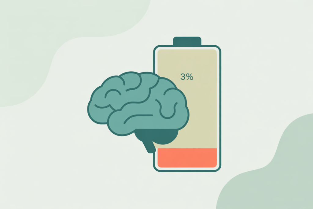 Brain icon next to low battery symbol representing burnout and low energy in neurodivergent teachers