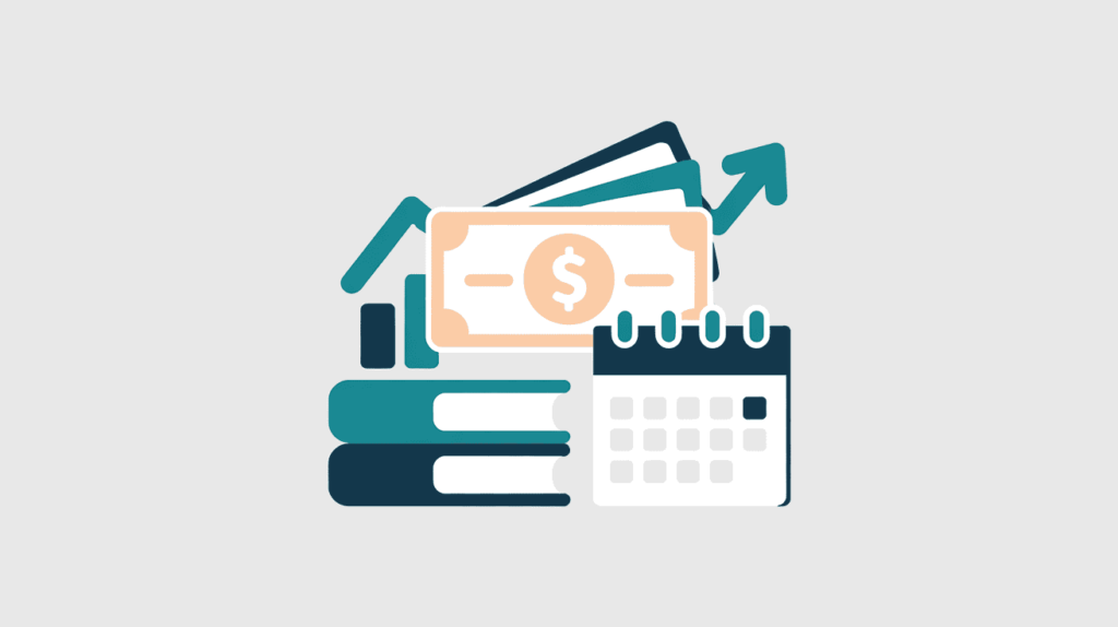 Digital tools icons of calendar, books, money bills, and upward arrow, for low-interaction side hustles. 