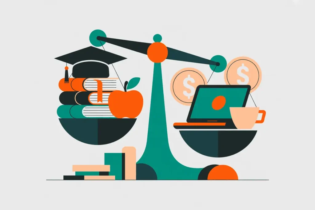 Symbolic scale balancing education and books with a laptop and money icons.