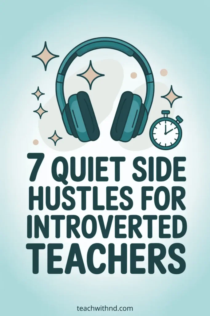 Teal pin with headphones and clock icon advertising 7 quiet side hustles for introverted teachers