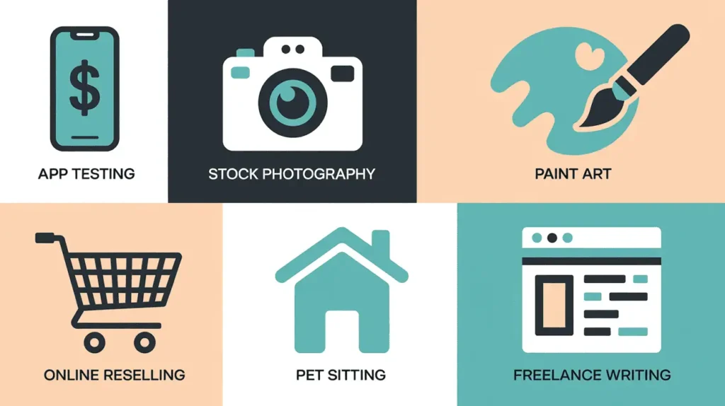 7 Weekend Side Hustles That Won't Burn You Out 7 Abstract teal and peach icons for money, shopping cart, home, and camera — visualizing flexible weekend work ideas.