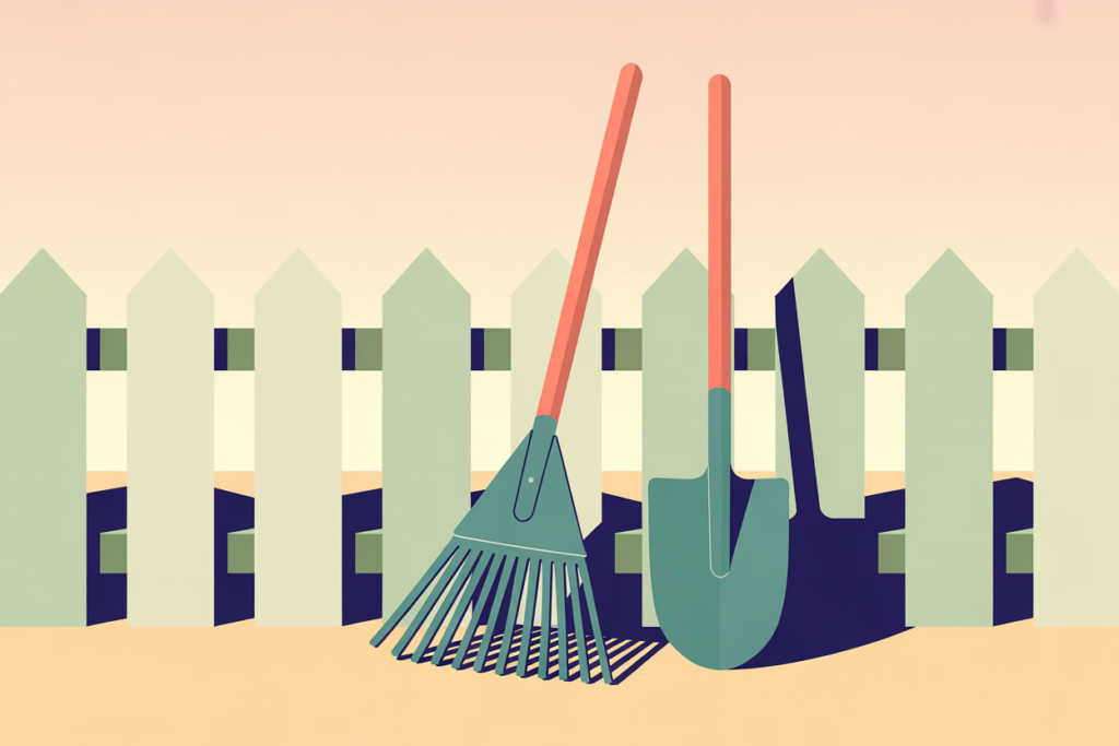 Rake and shovel leaning against a fence with simple yard tools arranged neatly.