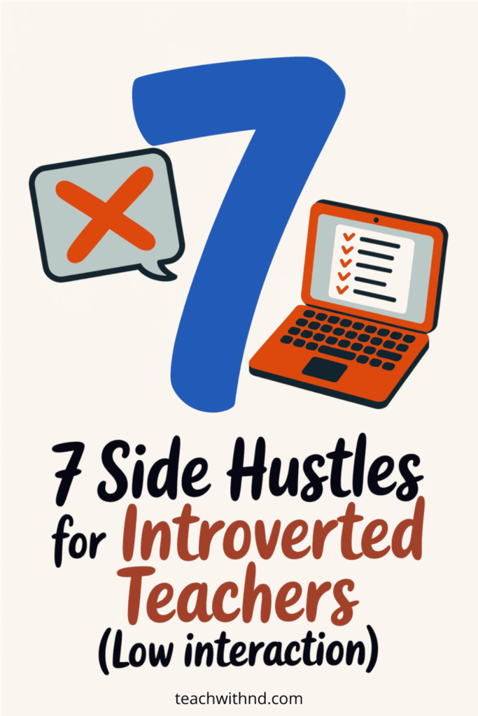 Pin with large number 7, laptop, and message icons representing side hustles for introverted teachers