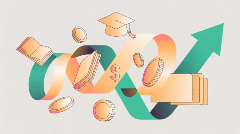 “Abstract illustration of coins, books, graduation cap, and upward arrow symbolizing profitable side hustles for teachers.”