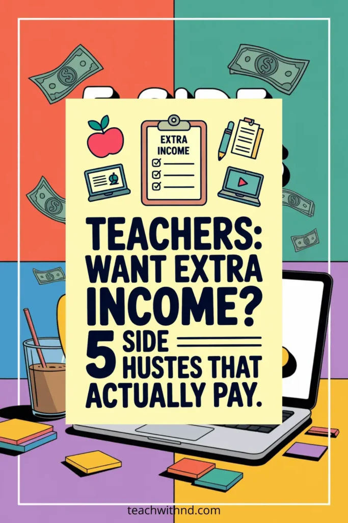 Bright Pinterest graphic that says “Teachers Want Extra Income? 5 Side Hustles That Actually Pay” featuring a laptop, clipboard, sticky notes, and money illustrations.