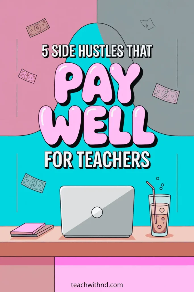 Colorful Pinterest pin with bold playful text reading “5 Side Hustles That Pay Well for Teachers” over a teacher desk illustration with laptop, coffee, and floating dollar bills.