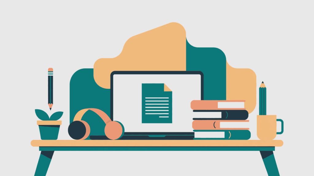 7 Weekend Side Hustles That Won't Burn You Out 6 Desk with books, headphones, pencils, a plant, and coffee mug, and soft accent shapes — peaceful workspace for burnout-aware weekend work.