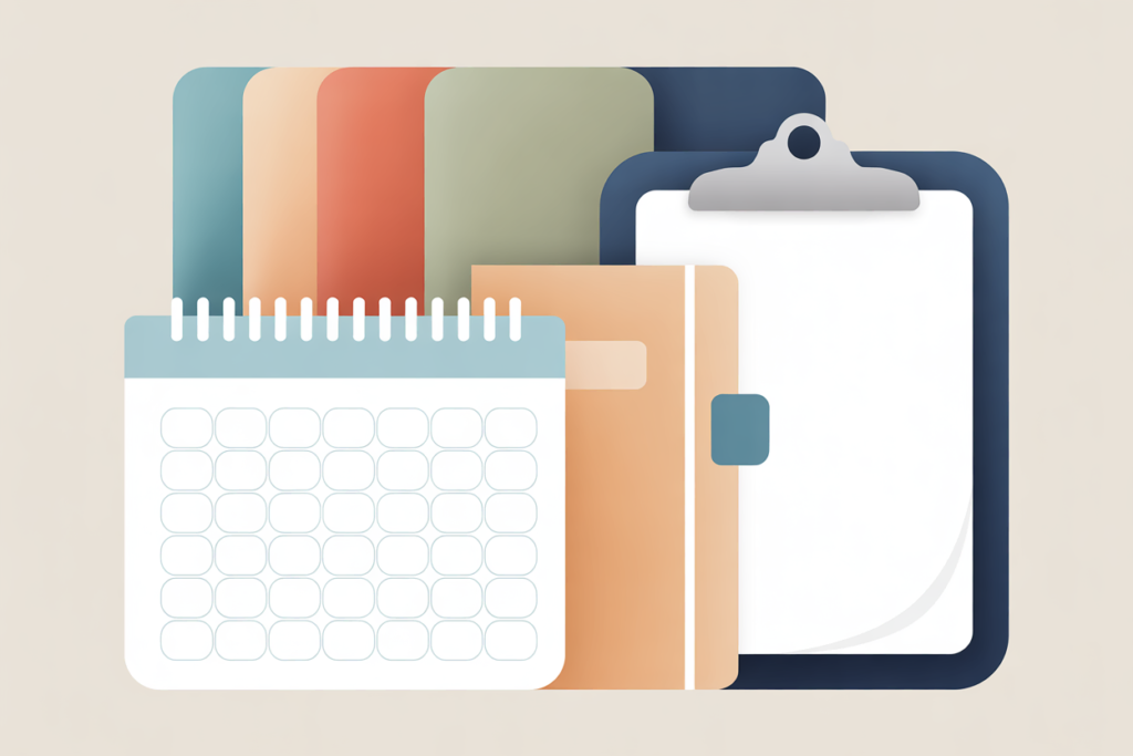 Desk calendar and clipboard arranged in a calm, minimal layout.