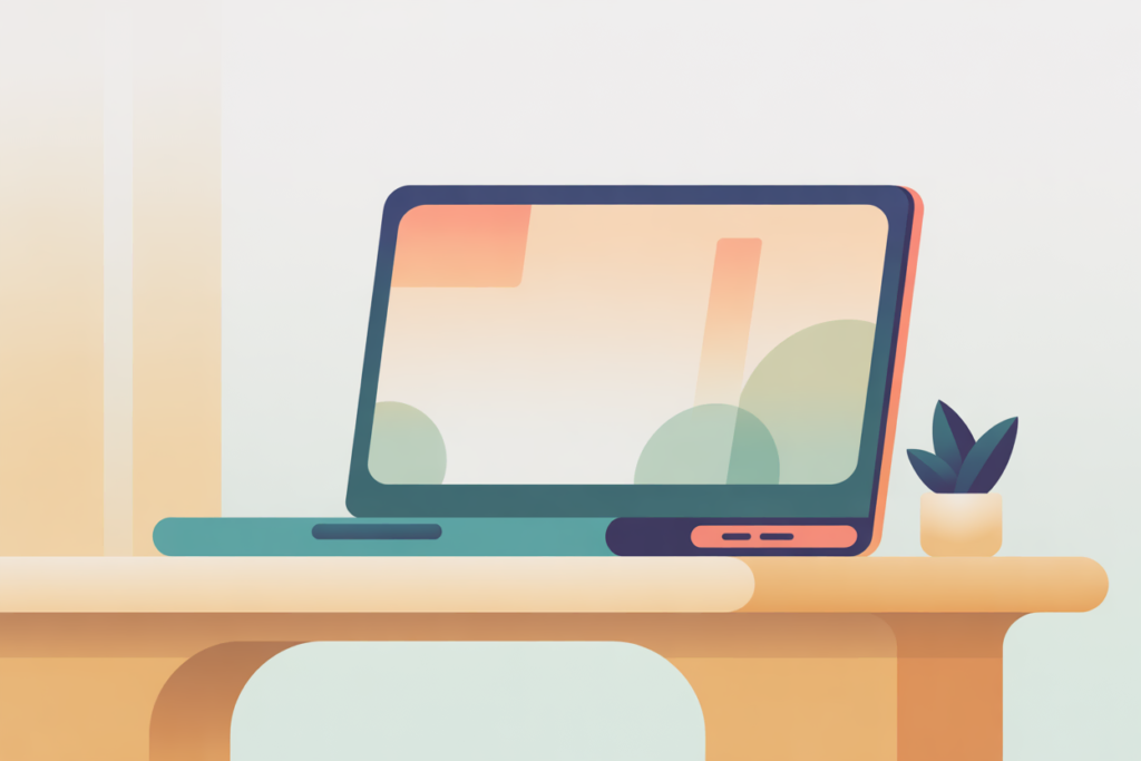 Laptop sitting on a desk with soft background shapes in teal and beige.