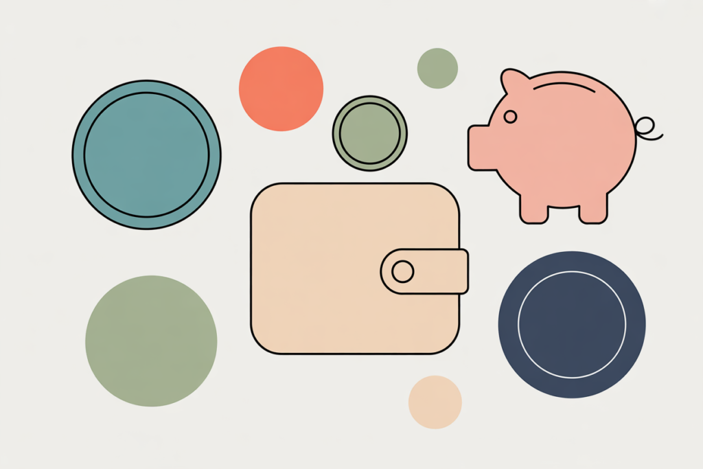 Wallet with coins and a small piggy bank in soft muted tones.