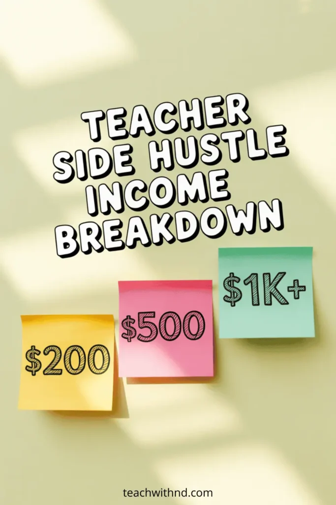 Neutral Pinterest pin reading “Teacher Side Hustle Income Breakdown” with sticky notes showing income tiers like $200, $500, and $1K+.