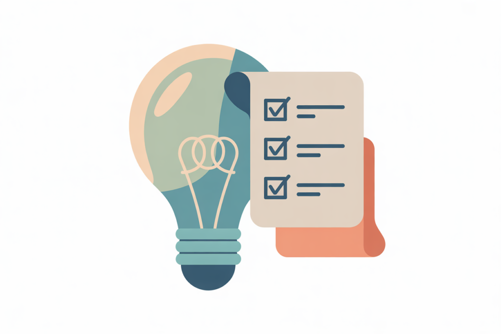 Lightbulb icon next to a checklist clipboard in muted colors.