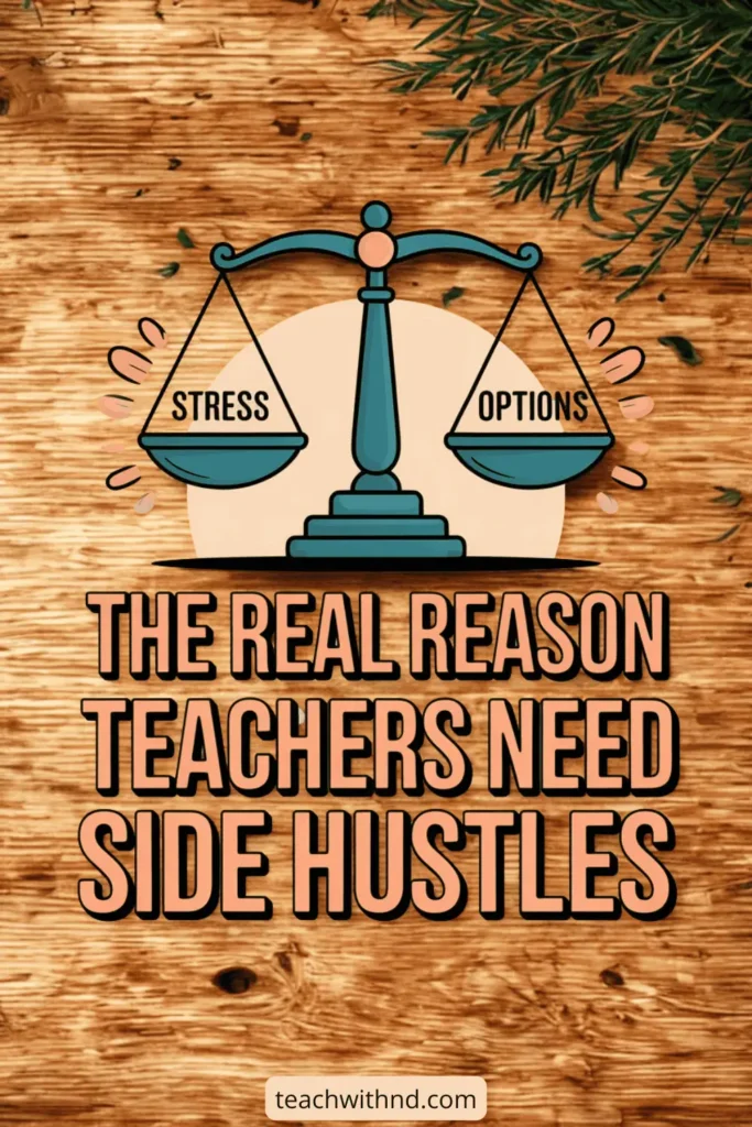 Why Teachers Need Side Hustles 12 Illustrated balance scale with stress written on the left side and options written on the right. Wooden table background. Text reads The Real Reason Teachers Need Side Hustles.