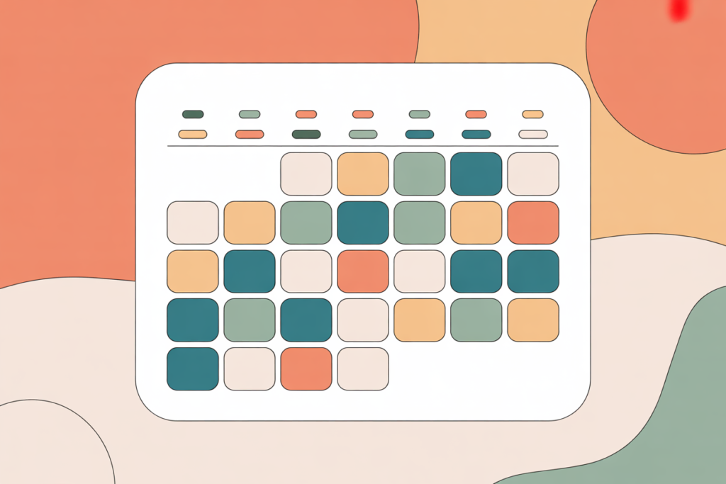 Organized weekly schedule layout with evenly spaced colored blocks.