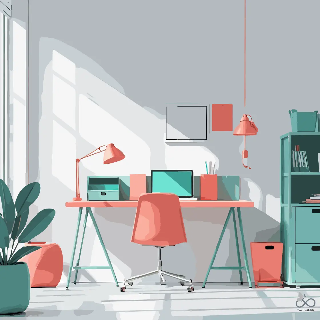 Home 4 a teacher workspace with desk, chair, natural lighting, coral and peach colors with teal bookcase