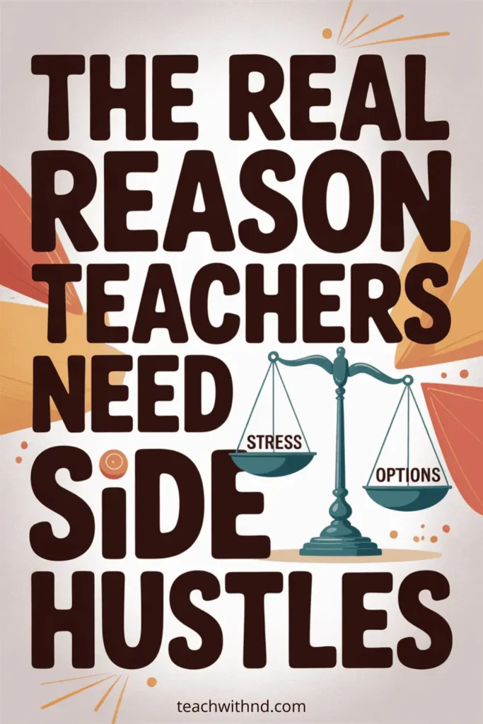 Why Teachers Need Side Hustles 14 Bold pin with balance scale labeled stress and options explaining the real reason teachers need side hustles. Title reads The Real Reason Teachers Need Side Hustles.