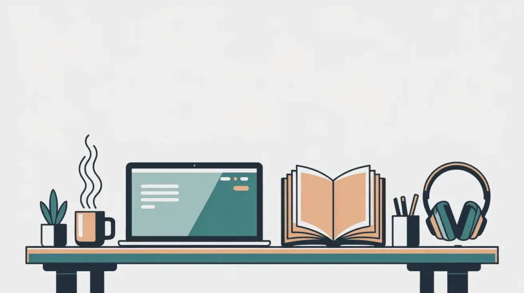 7 Weekend Side Hustles That Won't Burn You Out 12 Clean vector of a home workspace with book and lamp — quiet remote weekend hustle vibe.