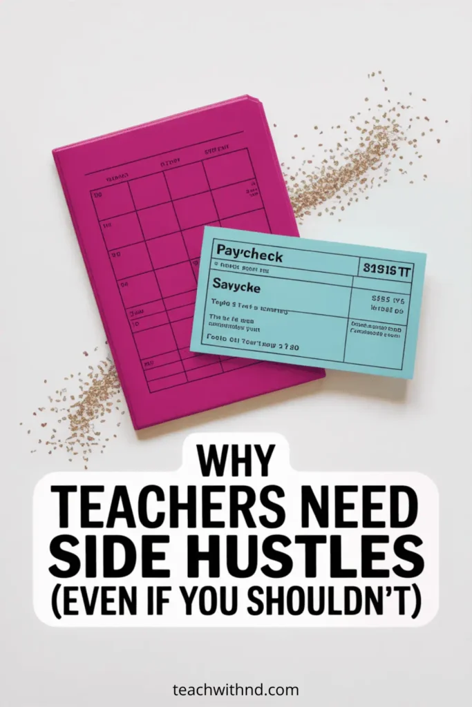 Why Teachers Need Side Hustles 13 Pin with planner and paycheck graphic explaining why teachers need side hustles even if they shouldn’t