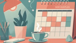Featured image with calendar, plants, and warm workspace, symbolic of side hustle stability for teachers.