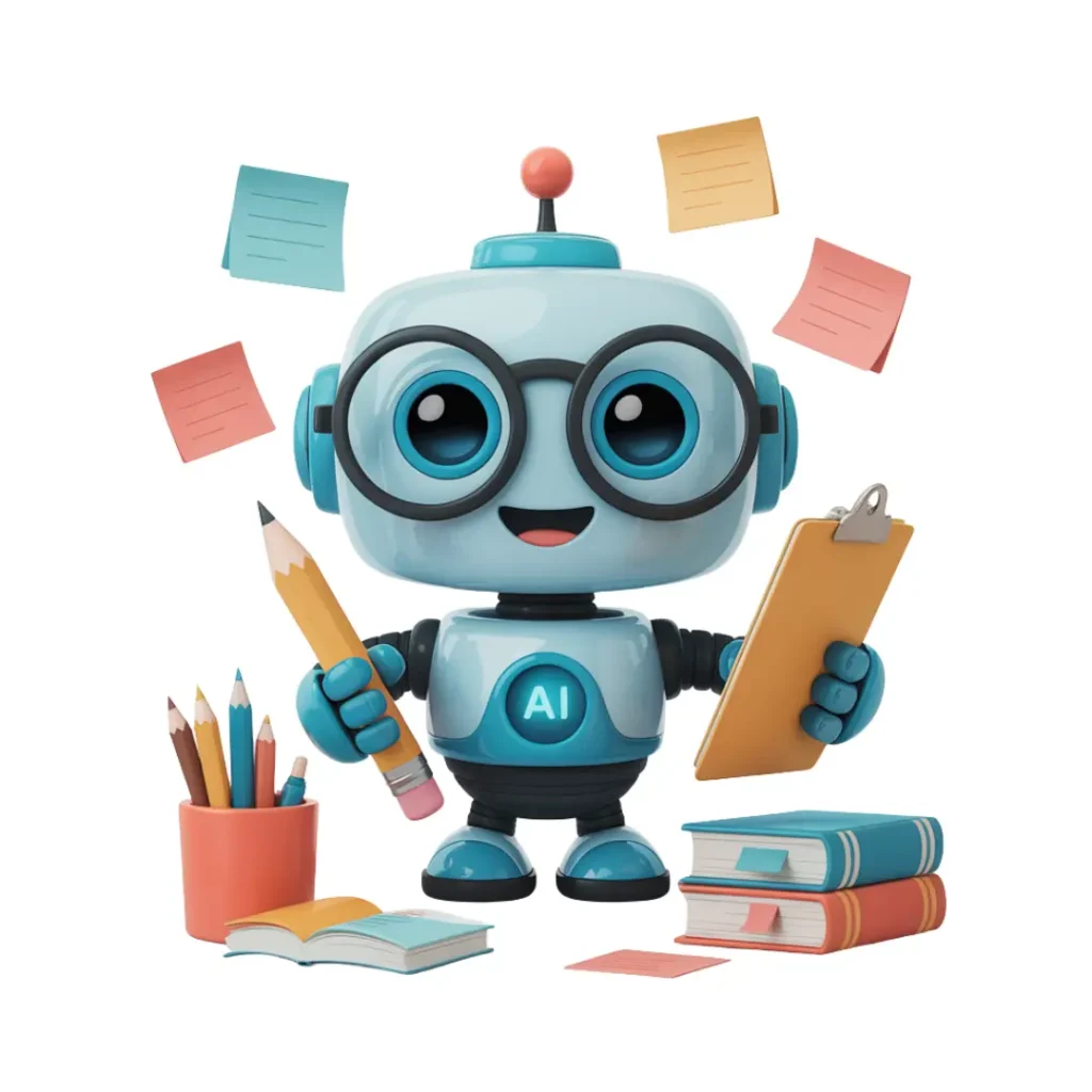 Home 6 Quick Lesson Planner GPT Bot by Teach with ND, cute blue robot holding pencil and clipboard, sticky notes surrounding, books